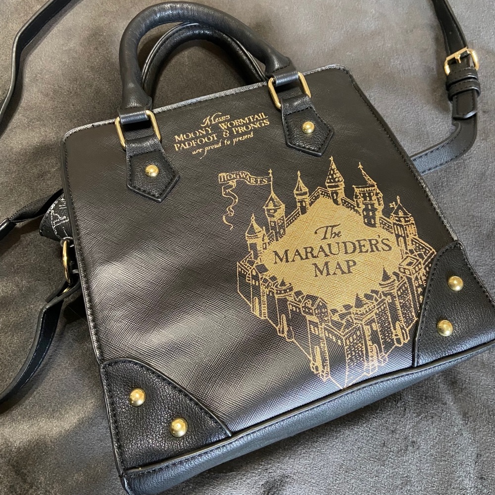 Hot Topic Black and Gold Marauder's Map Crossbody Bag